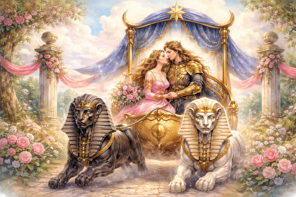 A warrior and a woman embrace on a chariot led by two sphinxes. Romantic elements such as pink flowers and ribbons decorate the scene.