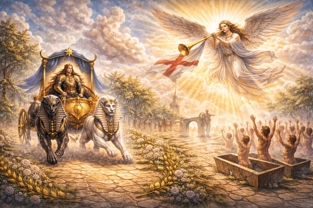 The chariot and judgment tarot cards shown together in an artistic depiction. Representing their combined spiritual meaning.