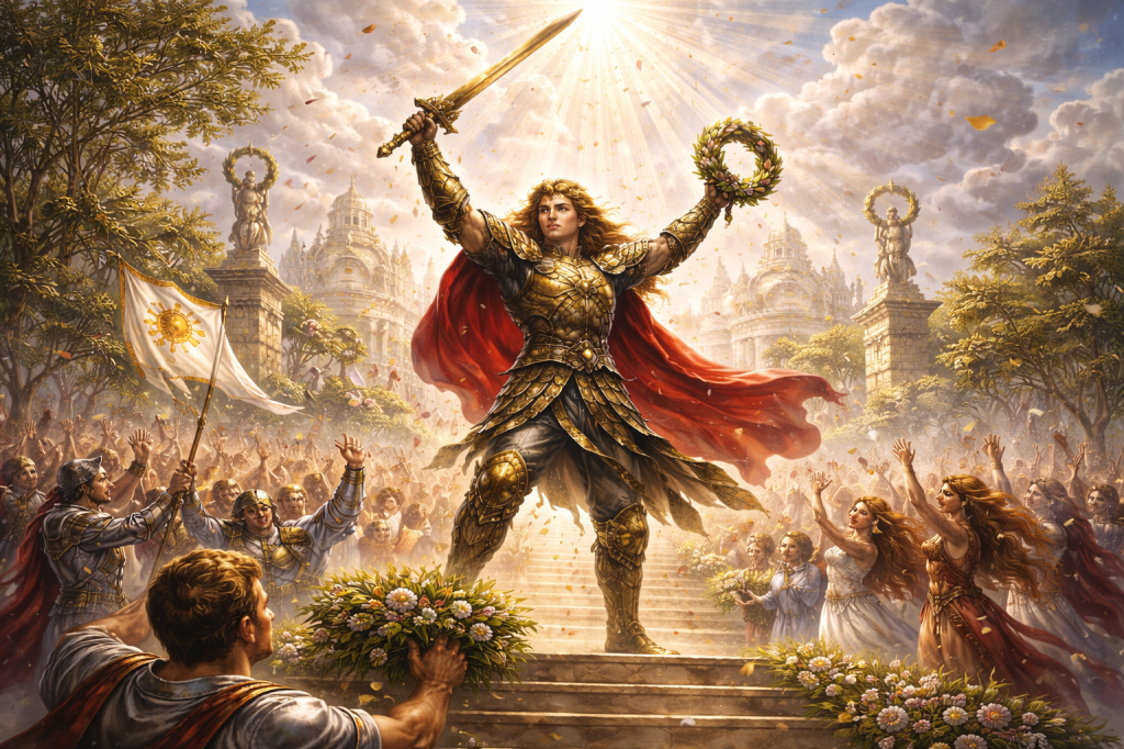 A warrior holds a sword and laurel wreath up in victory. He's surrounded by a crowd of cheering people as the sun shines over them.