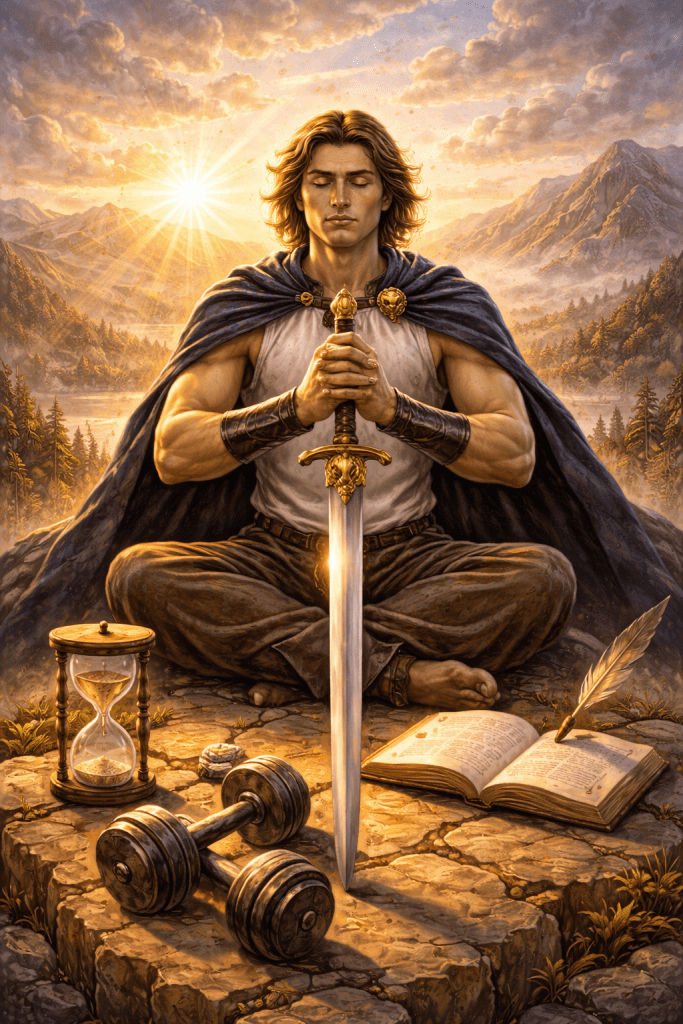 A man sits in mediation holding a sword, with an hourglass, weights and an open book before him. Symbolizing discipline.