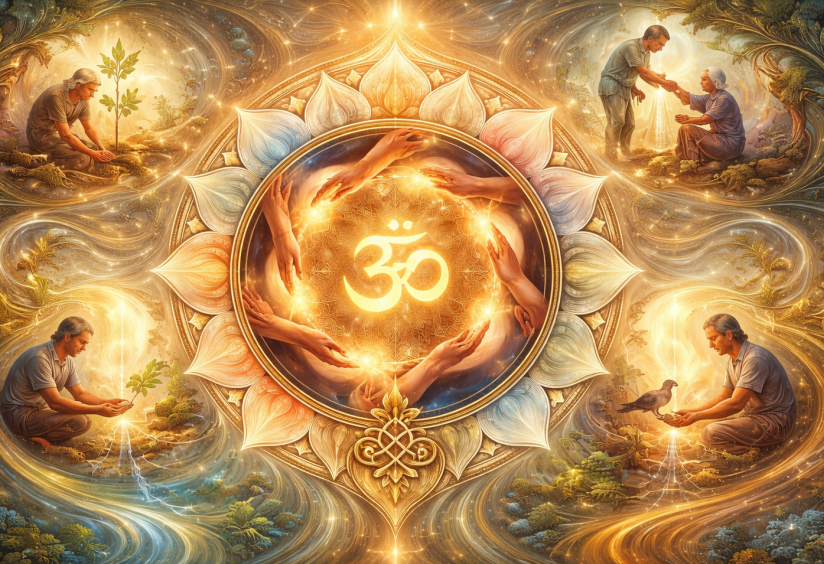 An artistic spiritual image of the meaning of karma with Hindu OM in the centre