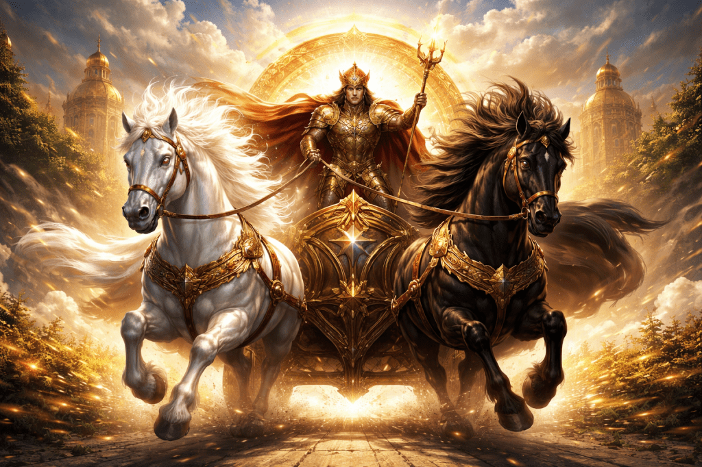 An artistic depiction of the chariot tarot card. A warrior rides a speeding chariot with two horses, one black and one white. The sun shines between two towers behind them.