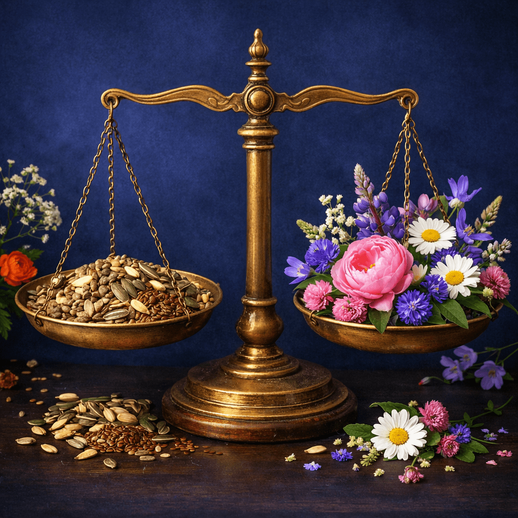 Old brass balance scale with seeds on one side and vibrant flowers on the other