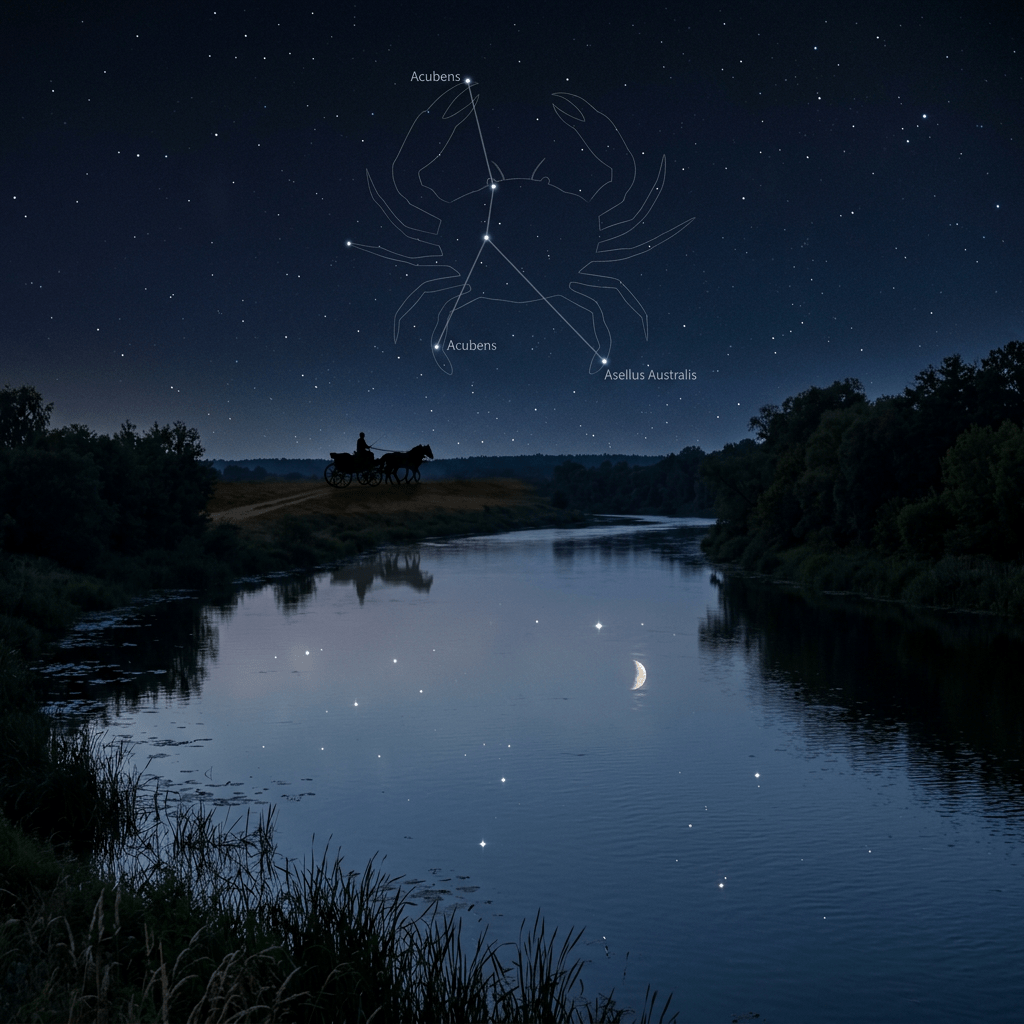 River at night with Cancer constellation outlined in the starry sky