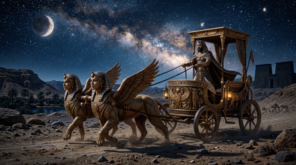 Pharaoh in ornate chariot driven by winged sphinxes under a star-filled sky