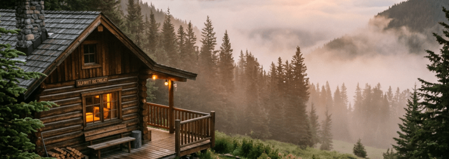 Person meditating on yoga mat outside wooden cabin with sunrise over foggy mountains