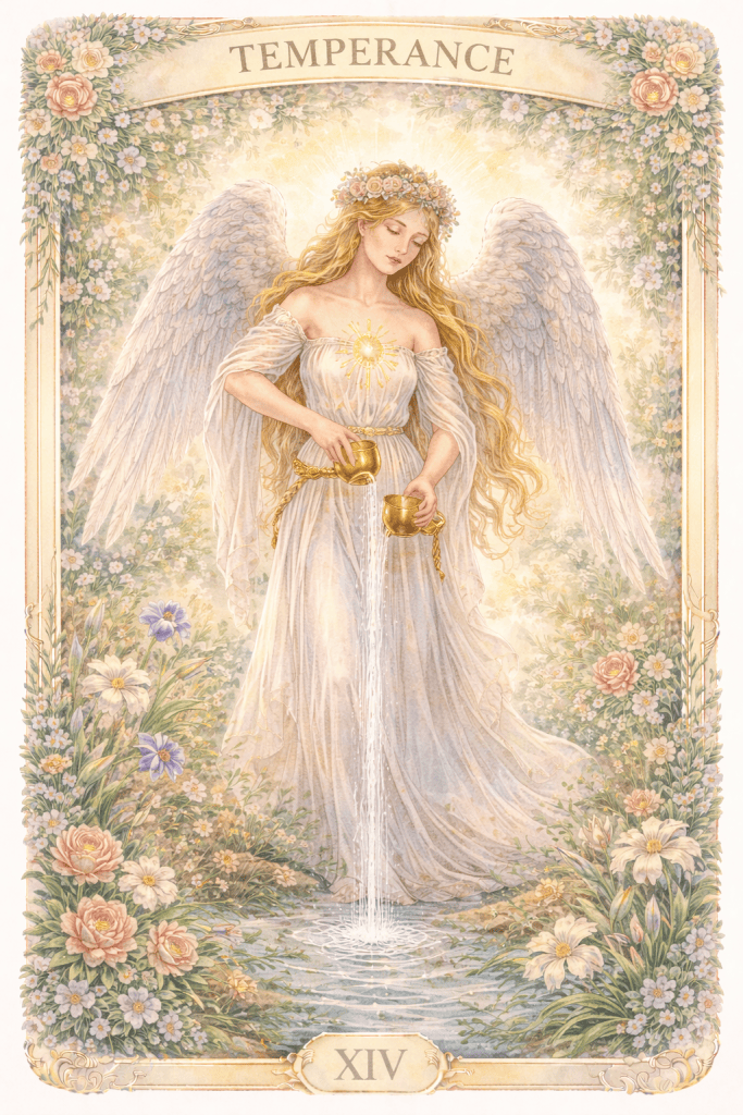 The temperance card from a tarot deck that uses light and romantic painterly colours