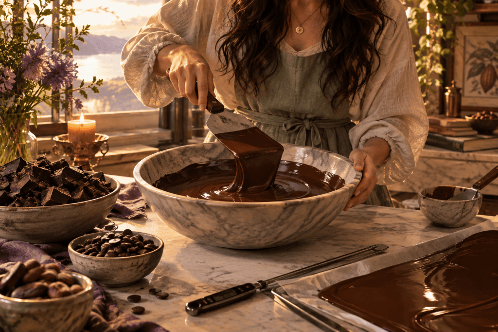 A woman tempering chocolate