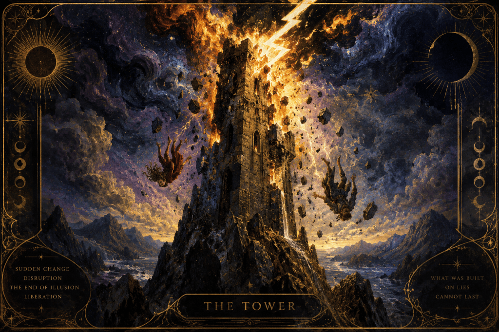 articstic image of a tower being struck by lightning and people falling from it. Depicting the symbolism of the tower tarot card