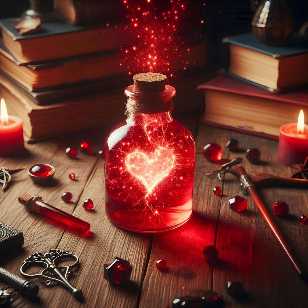 A magic potion with a sparkling red elixir and a glowing heart in the center. alchemy books sit behind it