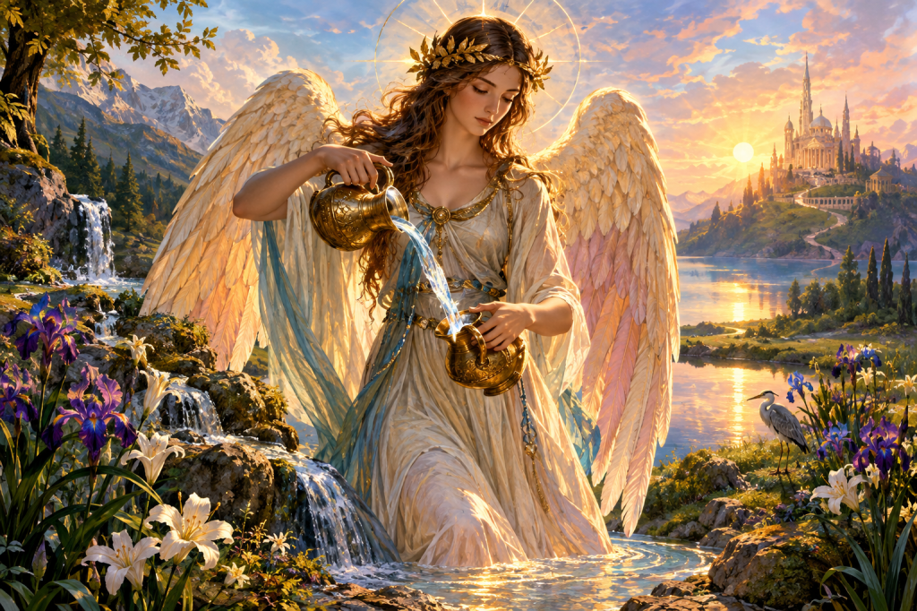 Image of an angel pouring water from one jug into another, surrounded by flowers a waterfall and a pathway to a castle in the background