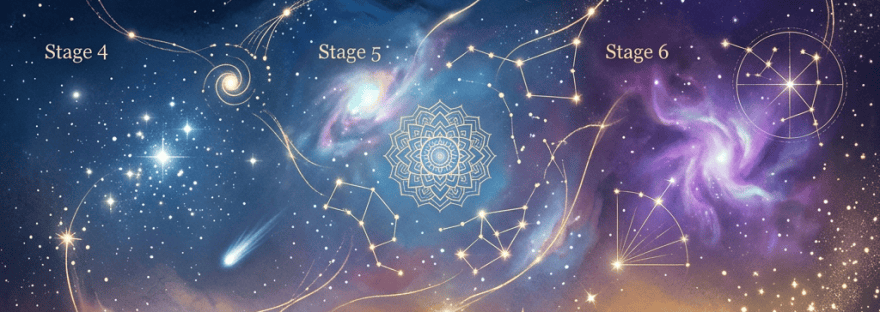 Cosmic infographic labeled Stage 1 through Stage 9, featuring stars, constellations, galaxies, moons, and suns