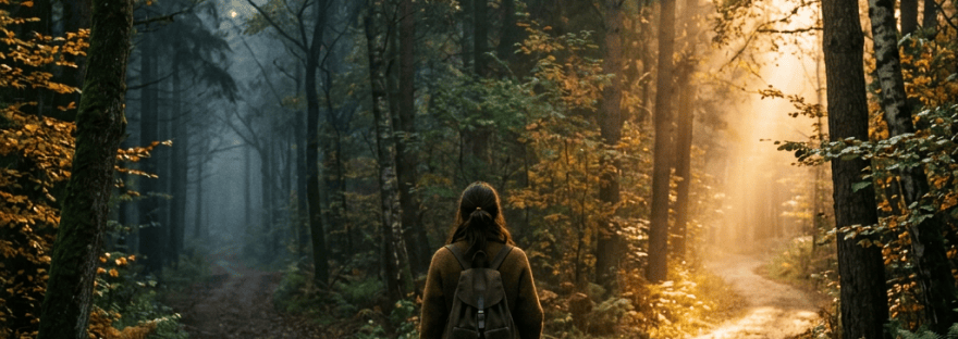 Hiker with backpack walking along a sunlit autumn forest trail
