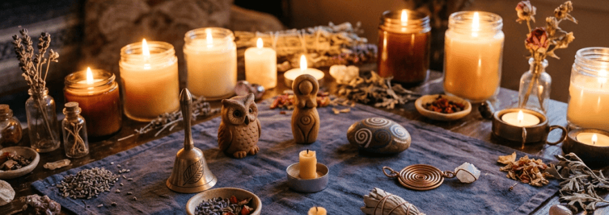 Candlelit table arranged with crystals, herbs, candles, and spiritual objects