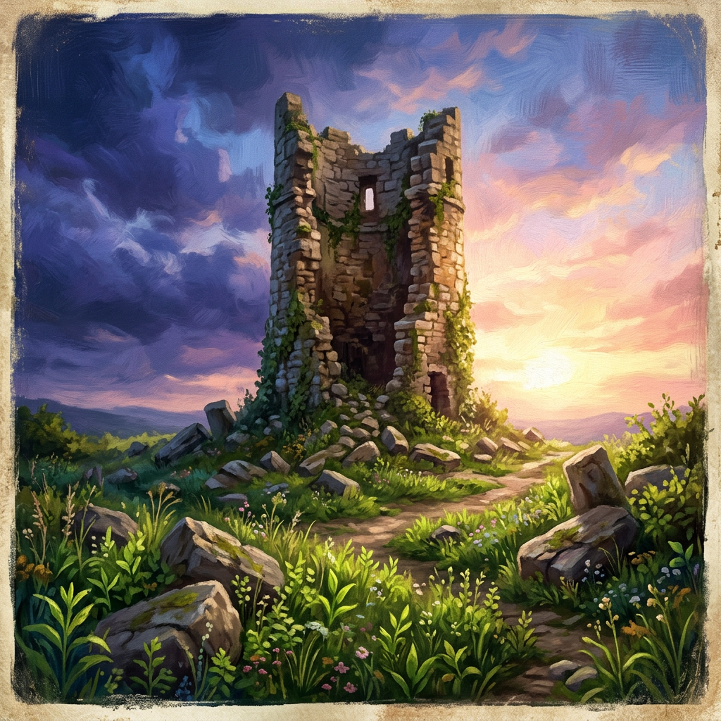 Vine-covered stone tower ruins beside a flower-filled path at sunset