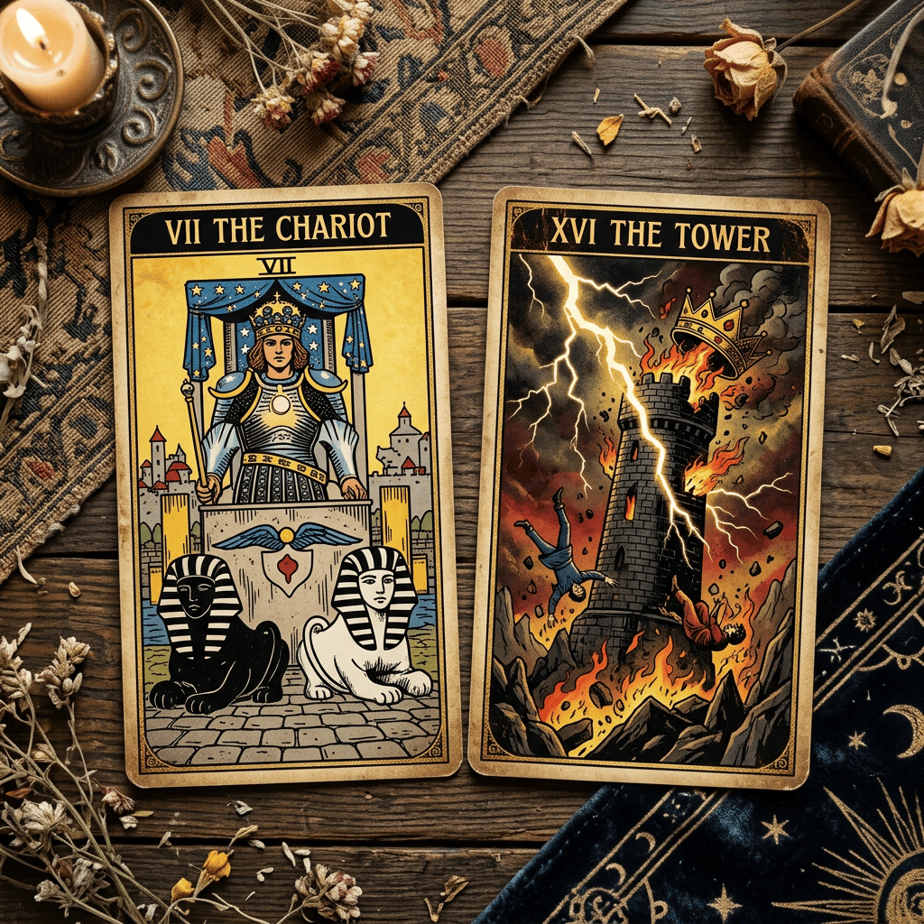 Tarot cards titled VII The Chariot and XVI The Tower on a wooden table