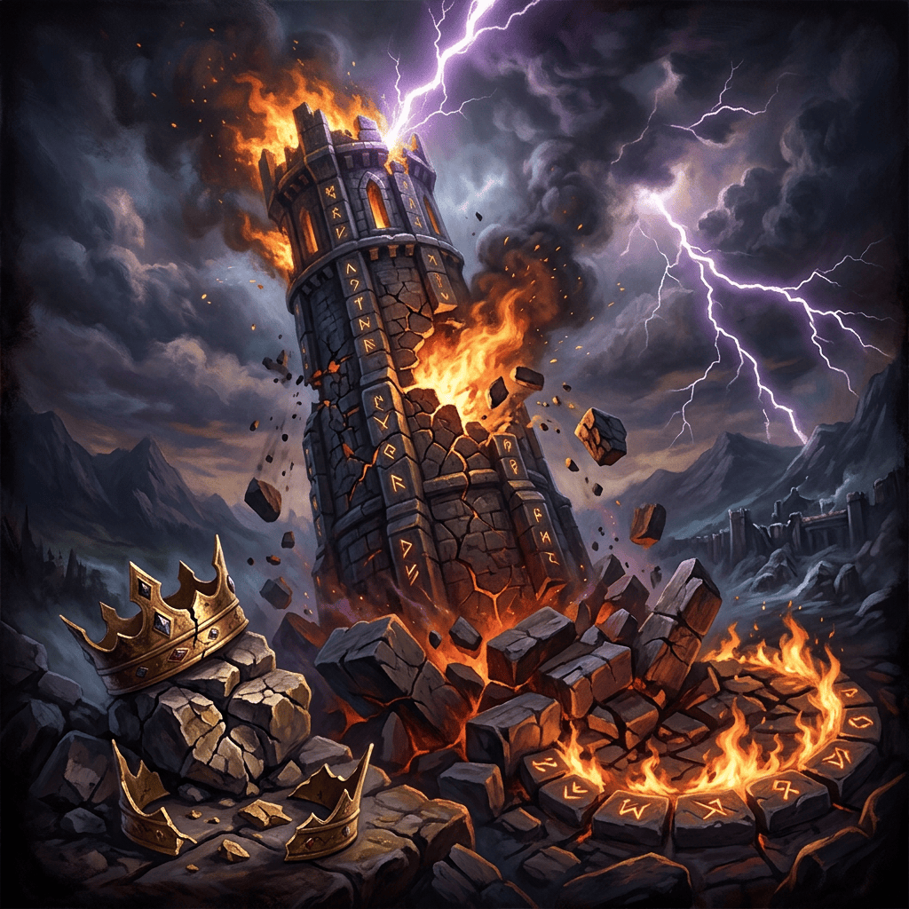 Shattered crown before a burning rune-marked tower during a lightning storm