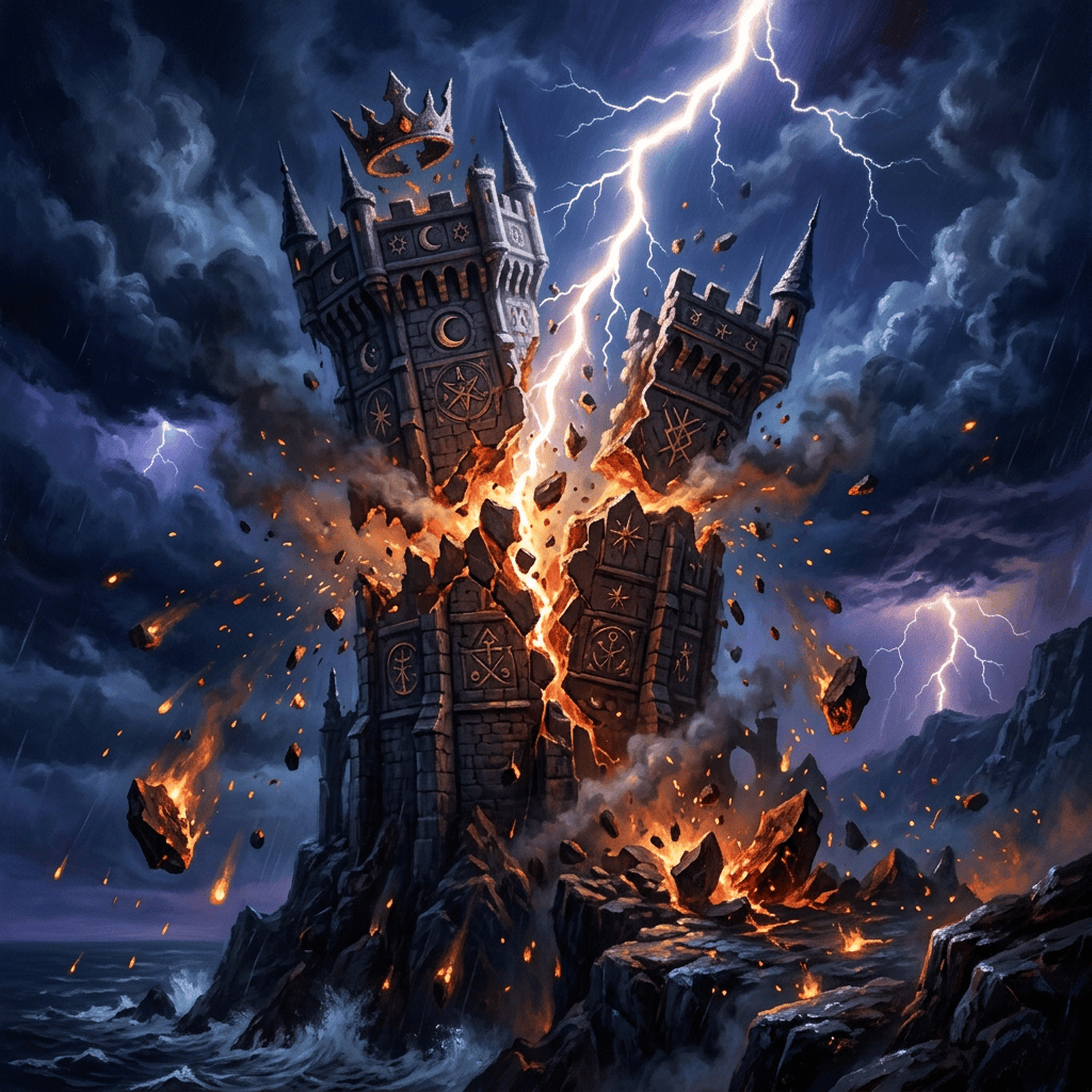 Cracked fantasy castle struck by lightning amid fire, smoke, and storm clouds