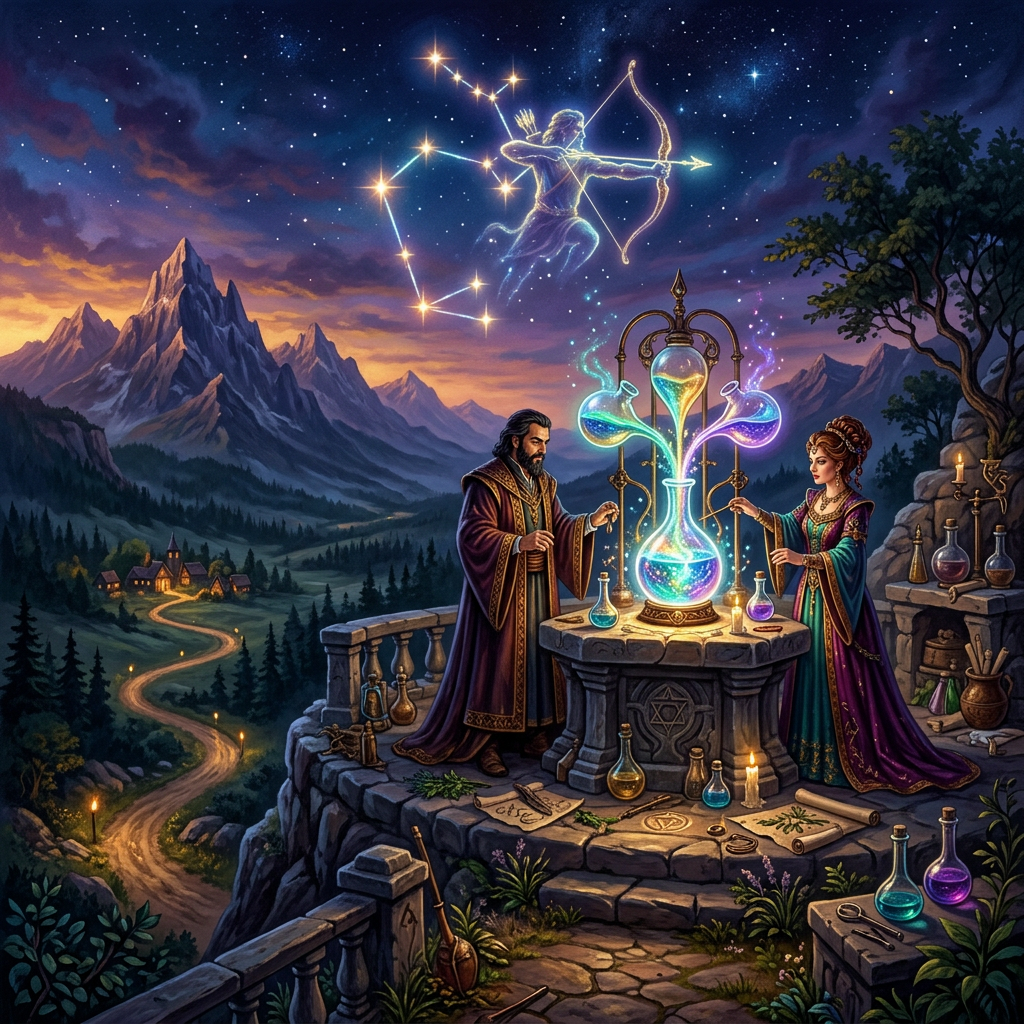 Two robed alchemists prepare glowing potions beneath an archer constellation
