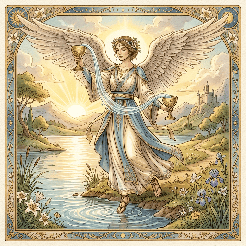 Winged angel holding golden cups beside a river at sunrise