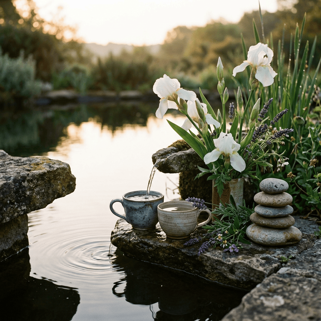 Tea cups, white irises, lavender, and stacked stones beside a pond at sunset