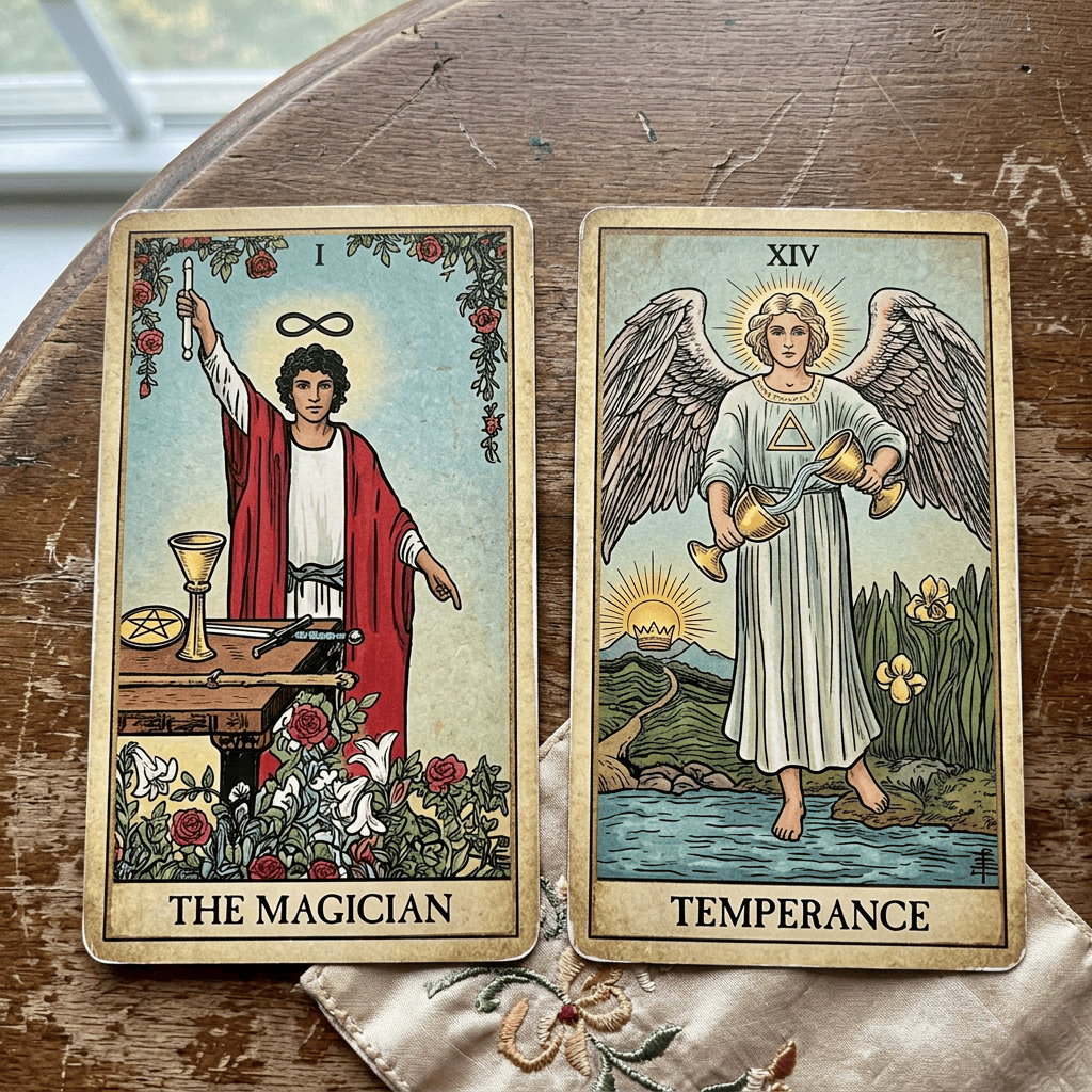The Magician and Temperance tarot cards arranged on a wooden table