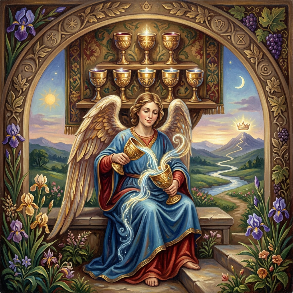 Winged woman pours glowing water between golden cups in a mountain landscape