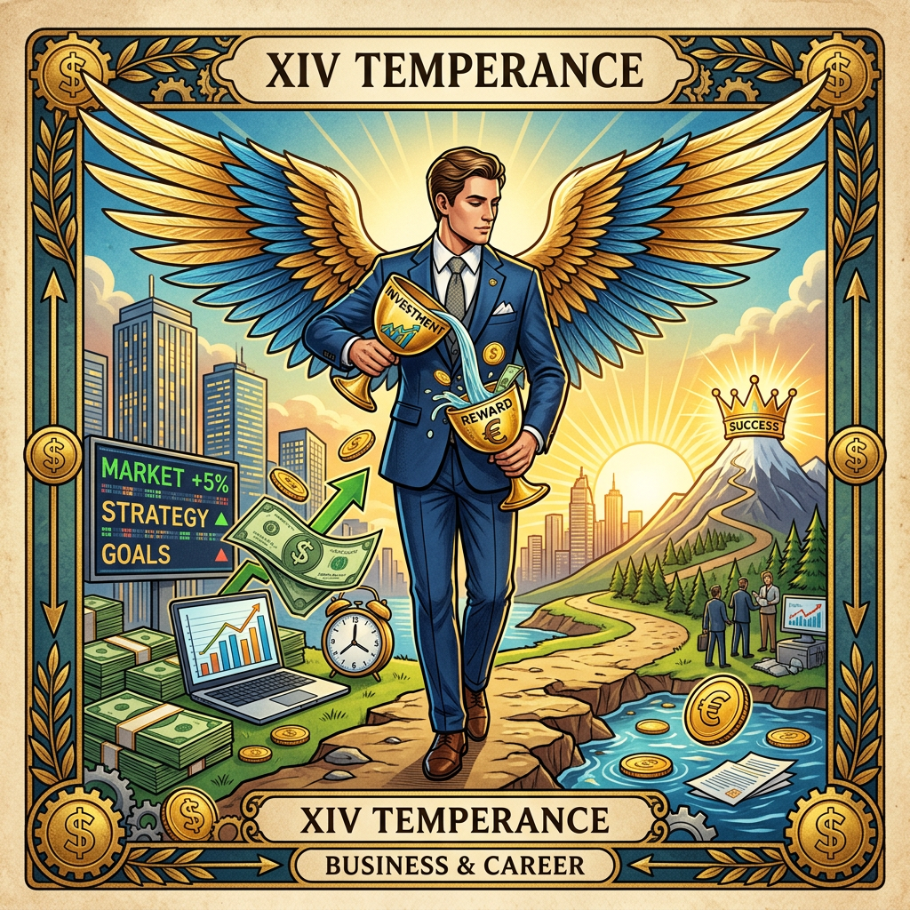 XIV Temperance tarot card showing a winged investor, money, market strategy, and success
