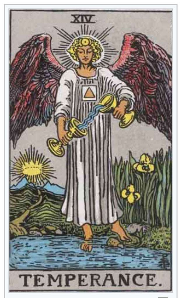 Rider-Waite depiction of the temperance tarot card.